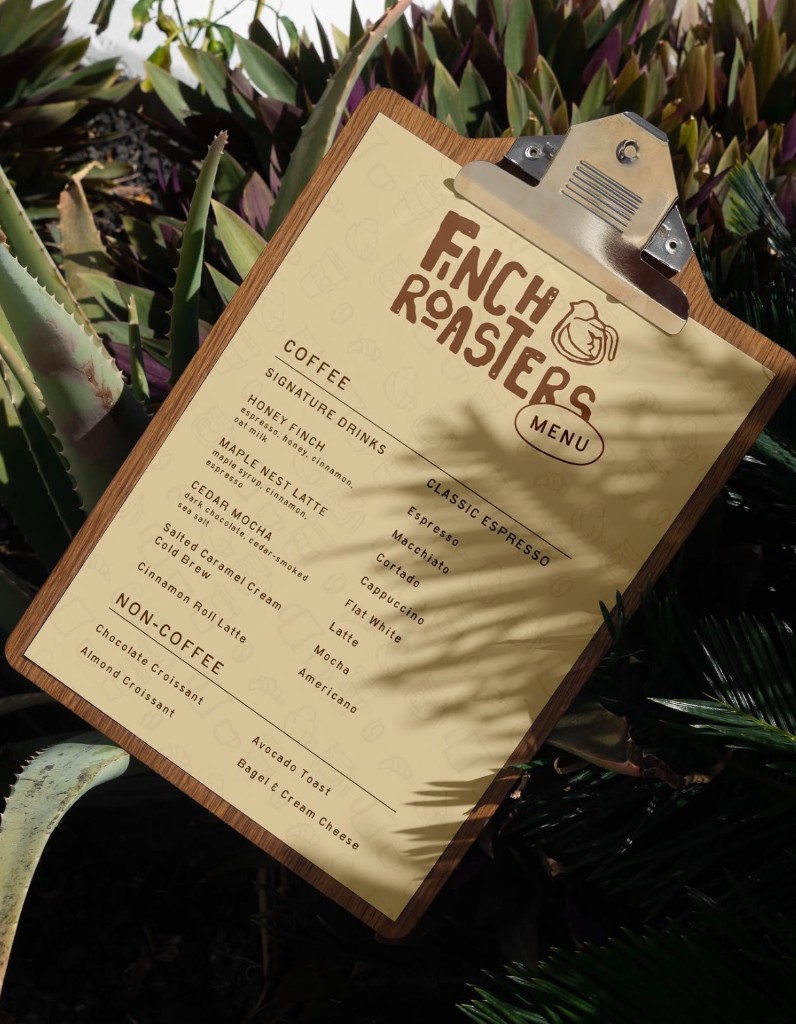 Finch Roasters menu on a clipboard