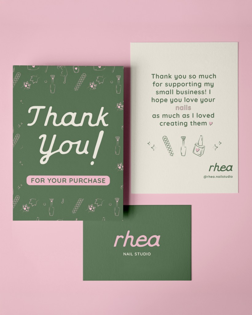 Rhea Nail Studio thank you card and business card mockup